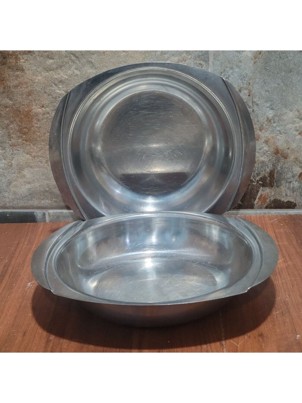 Vintage Mid Century Modern Stainless Steel Serving Bowls Flanged Edge Set of 2